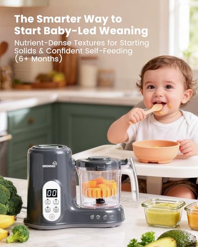 Grownsy Baby Food Maker with Steam Basket, One Step Baby Food Processor Steamer Puree Blender Grinder Mills Machine, Auto Cooking Grinding and Sterili-zing for Healthy Homemade Baby Food, Dark Grey