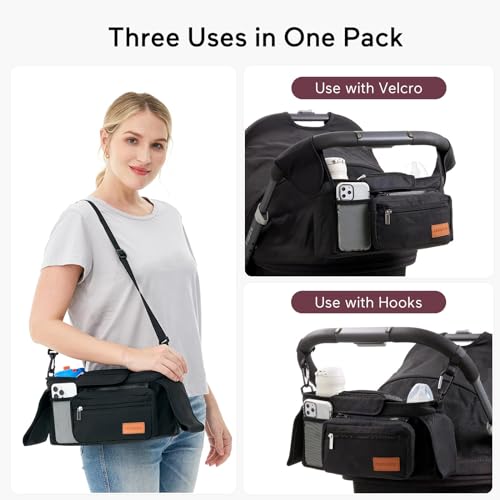 Momcozy Universal Stroller Organizer with Insulated Cup Holder Detachable Phone Bag & Shoulder Strap, Fits for Stroller Like Uppababy, Baby Jogger, Britax, BOB, Umbrella and Pet Stroller