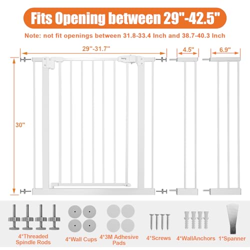 keny 29"-42.5" Baby Gate for Stairs, Auto Close Safety Dog Gate, Pressure Mounted Easy Walk Through Pet Gate for Doorways, Durable Stair Gate, 30" Tall, White
