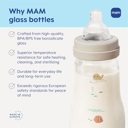 MAM 9oz Feel Good Pure Glass Anti-Colic Wide Neck Baby Bottle, Medium Flow Skin Soft Silicone Nipple, Easy to Clean, BPA Free, 2+ Months, Easy Switch Between Breast & Bottle, Made in Europe, 3 Pk