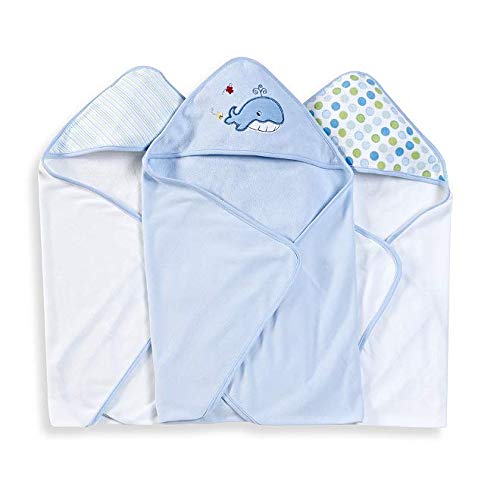 Spasilk Hooded Towel Set for Newborn Boys and Girls, Soft Terry Baby Towels, Baby Bath Essentials, Ideal, Blue Whale, Pack of 3