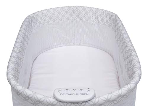 Delta Children Sweet Dreams Bassinet with Airflow Mesh Bedside Portable Crib with Vibration Lights and Music, Grey Infinity