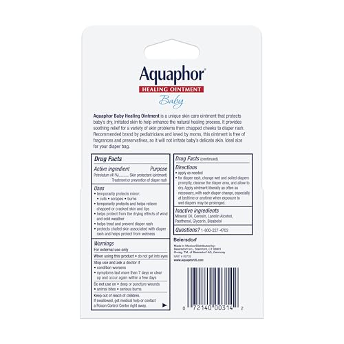 Aquaphor Baby Healing Ointment Advanced Therapy Skin Protectant for Chapped or Dry Skin, Drool Rash and Diaper Rash Ointment, Hypoallergenic Baby Essentials, Travel Size, 0.35 Oz Tube, Pack of 2
