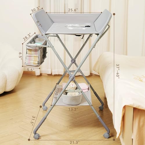KARAOK Baby Changing Table with Wheels, Portable Diaper Changing Station with 4-Level Height Adjustment & Storage Rack for Newborn, Infant(Light Grey)