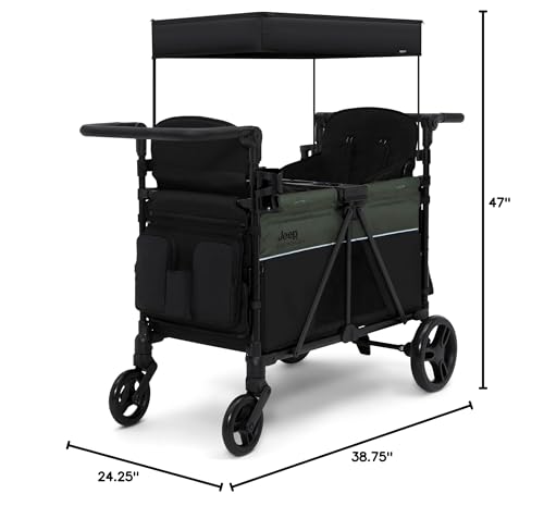 Jeep Aries Stroller Wagon by Delta Children Premium Wagon for 2 Kids with Convertible Seats, Adjustable Push/Pull Handles, Removable Canopy & Flat Fold - Greenguard Gold Certified, Black/Green