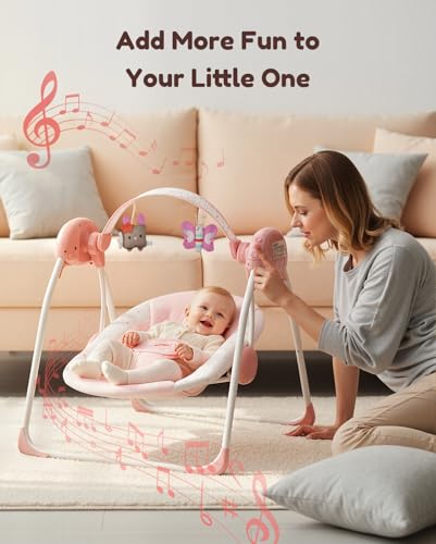 Baby Swings for Infants, Tiny Marvels Portable Swing with Adaptable Speed, Music, Removable-Toy-Bar, Foldable Infant Swing for Indoor and Outdoor Use, 0-9 Months 6-20 lbs(Blush Bloom)