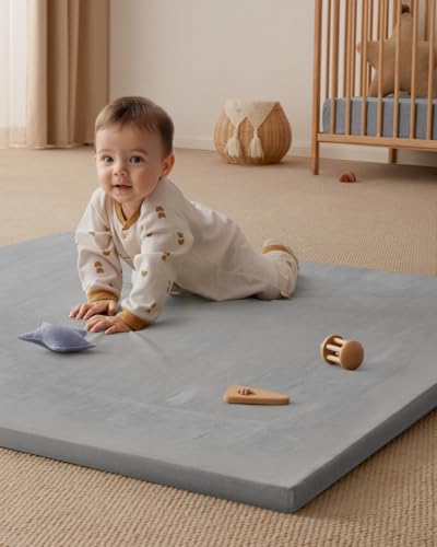 Blissful Diary 1.3" Thick Baby Play Mat, 50x50 Playpen Mat with Removable & Washable Cover, Ultra Soft Crawling Rug for Floor, Foam Cushion & Non-Slip Backing for Kid, Toddlers and Infants, Light Grey