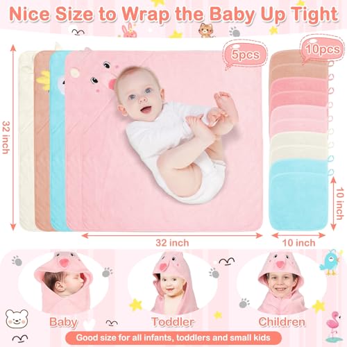 15 Pack Hooded Baby Towels, 5 Packs Soft Baby Bath Towels with Hood for Babies, 10 Packs Baby Washcloths for Newborns, Toddlers, and Kids- Absorbent, Baby Stuff Shower as Best Gifts for Boys and Girls