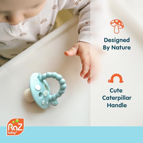 RaZbaby Soft Silicone Infant & Baby 3M+ Teether Toy Massaging Bristles Teething Relief Pacifier - Soothes Sore Gums - Hands-Free & Easy-to-Hold Chompy Teether, BPA Free (RED/Blue)