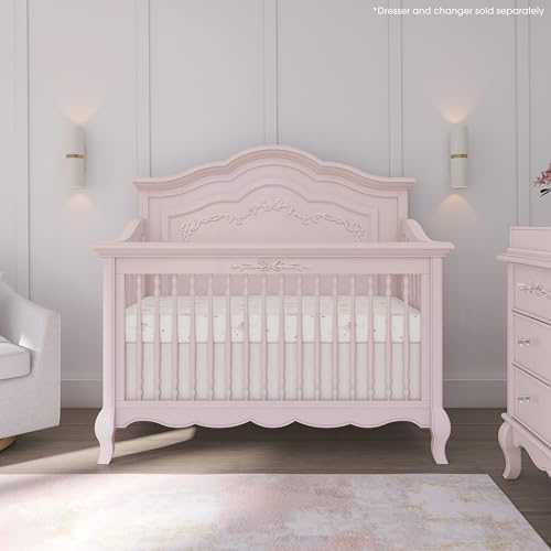 Evolur Aurora 5-in-1 Convertible Full-Size Baby Crib in Dusty Rose, 3 Mattress Heights, Ribbon Bow Scrollwork & Queen Anne Feet, Converts to Toddler, Day & Full-Size Bed