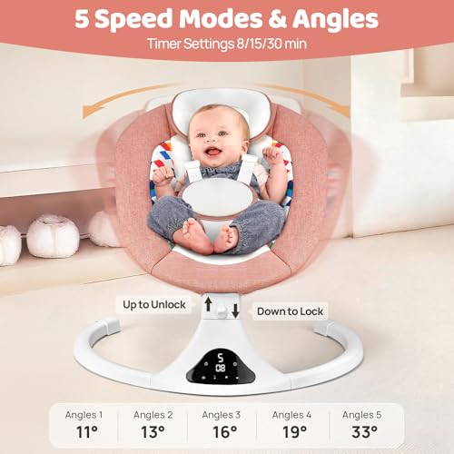 Baby Swings for Infants, Pink Infant Swing with 5 Speeds, 12 Melodies, Bluetooth & Remote Control, Portable Baby Swing for Indoor and Outdoor (Pink)