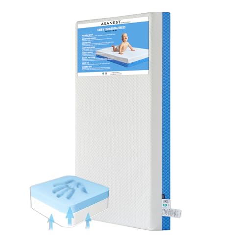 ASANEST Dual Sided Comfort Gel Memory Foam Breathable Baby Bed Mattress for Crib, Premium for Infant and Toddler with Removable Outer Cover, White & Blue, Standard Size 52 x 28 x 5 Inches