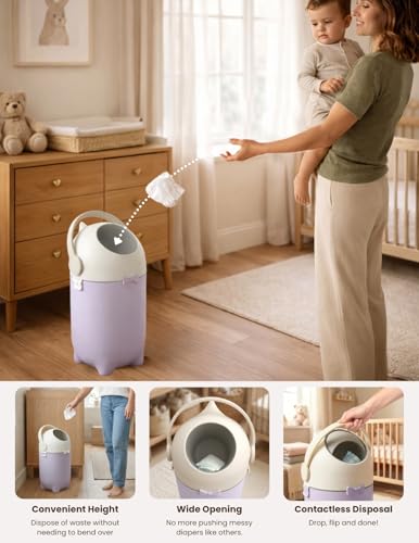 iTouchless Odor-Locking Diaper Pail - 2026 Award-Winning Ag+ Silver Ion Nursery Bin - Fits Any Bag, No Refills Needed - Includes 20 Leak-Proof Bags (Holds 300 Diapers) - Lavender Orchid Hygienic Bin