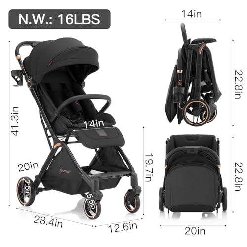 Gromast Gravity Folding Baby Stroller - Portable Travel Toddler Stroller w/Adjustable Backrest, Canopy & Cup Holder, Lightweight and UV Protected, One-Hand Automatic Folding - Black