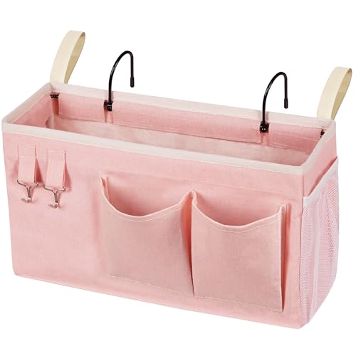 Loghot Bedside Caddy/Bedside Storage Bag Hanging Organizer for Bunk and Hospital Beds,Dorm Rooms Bed Rails,Can be Placed Glasses,Books,Mobile Phones,Keys (Light Pink)