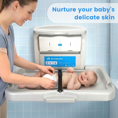Baby Changing Station Wall Mounted,Commercial Baby Changing Station with Safety Strop,Foldable Wall Mounted Changing Table for Commercial Bathroom,Suitable for Commercial, Hotels & Airports