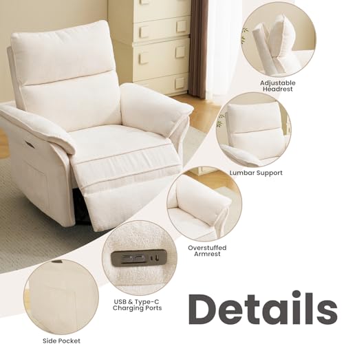 RUTOX Oversized Rocking Chair Nursery with Massage and Heat, Glider Recliner Nursery Chair with Adjustable Headrest, Power Swivel Rocker Recliner Chair with USB Port, White