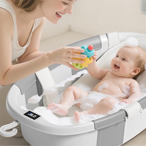 Collapsible Baby Bathtub with Soft Cushion and Thermometer, Newborn to Toddler Tub 0-36 Months with Toy Storage Mesh Bag, Portable Travel Bath for Infants (Grey)