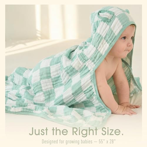 HardNok Ultra-Soft Muslin Toddler Hooded Towel - 55 x 28 Inches, Ideal for Bath & Beach, Suitable for Both Boys & Girls from Newborns to Toddlers Green Check
