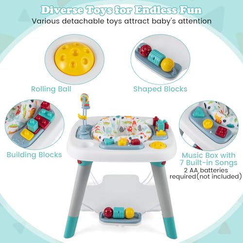 HONEY JOY Baby Bouncer Activity Center, 6-in-1 Infant Jumper & Standing Play Table w/ 360° Rotary Seat, 5 Toys, 3 Adjustable Heights, Music & Sounds, Activity Center for Babies(Blue)