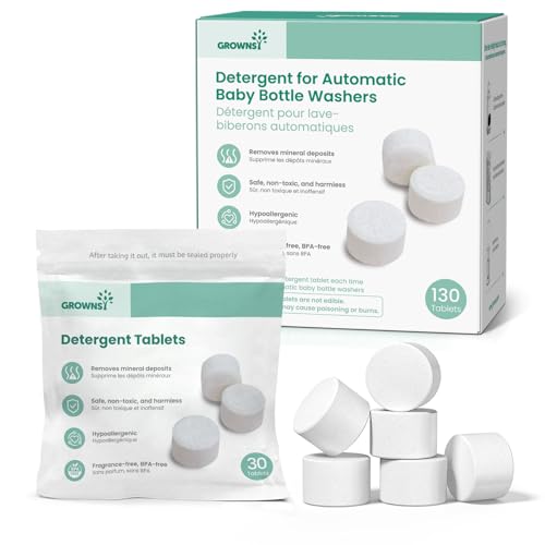 GROWNSY Bottle Washer Detergent Tablets, 130 Count, Deep Cleaning, Compatible with All Brands of Baby Bottle Washers, Removes Milk Residue, Grease & Odor from Bottles and Pump Parts