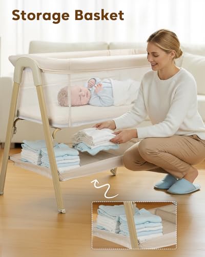 JevrJeur Baby Bassinet, Bedside Bassinet for Baby, Bassinet Bedside Sleeper with Mattress, Storage Basket and 4 Auto-Lock Wheels, Full-Mesh Sides, Bedside Mini Crib for Newborn (Beige)