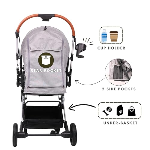 Bicystar Pet Stroller for Small Medium Dogs Cats Up to 45 lbs, Travel Lite Collapsible, All Terrain 4 Wheels for Jogging, Running, Grey