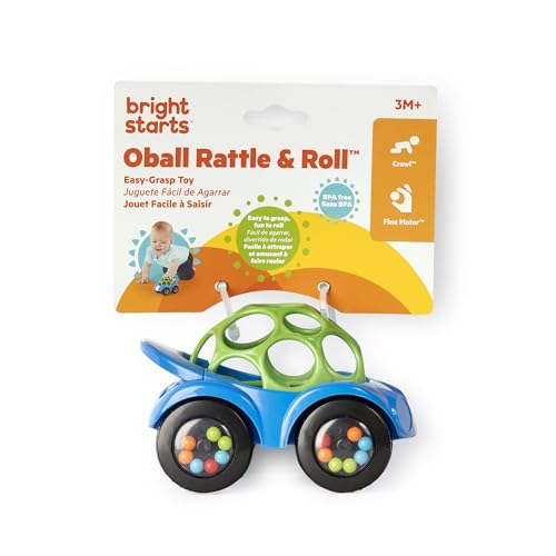 Bright Starts Oball Easy Grasp Rattle & Roll Toy Sports Car BPA-Free Infant Crawling Toy, 1 Pack, Age 3 Months and up, Blue/Green