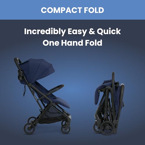 Delta Children Icon Ultra Compact Lightweight Everyday & Travel Stroller - One-Hand Fold - Only 15.6 Pounds - Fits in Overhead Compartments - Greenguard Gold Certified - Multi-Position Recline, Navy