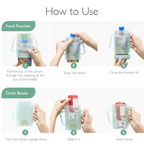 Momcozy Baby Pouch Holder No Squeeze, Baby Food & Juice Box Holder, Mess-Free, Easy Grip for Self-Feeding, BPA-Free & DEHP-Free, Must-Have for Babies, Green