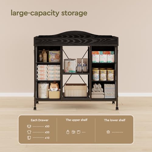 Yetom Changing Table, 6-Drawer Baby Dresser with Changing Table top,Waterproof Diaper Changing Station & Pad, 2 Height-Adjustable Open Storage Shelves, Mobile Nursery Organizer, Black