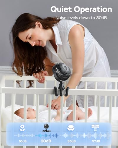 AMACOOL Baby Stroller Fan - 5000mAh Rechargeable, 3-Speed, Strong Yet Quiet, 360°Rotate Portable Clip on Fan for Travel, Car Seat, Crib, Bike, Treadmill, Beach Vacation Essentials