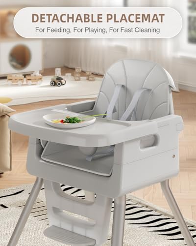 EverKiddo Baby High Chair for 6 Months+, Foldable High Chairs for Babies and Toddlers, Convertible High Chair, Adjustable Tray & Footrest, Portable High Chair & Easy to Clean(Gray)