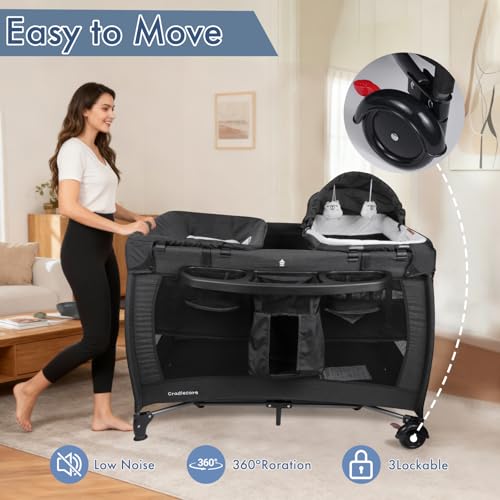 Cradlecare 5 in 1 Pack and Play with Bassinet & Changing Table, Portable Foldable Playpen for Babies and Toddlers with Locking Wheels & Diaper Storage, Easy Fold Travel Playard (Black)