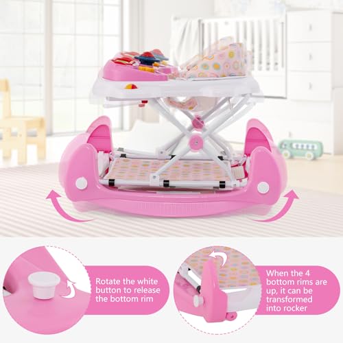 INFANS Baby Walker, 5 in 1 Behind Walker Learning Seated Rocker Bouncer with Removable Music Tray, Adjustable Height, Washable Seat Cushion, Foldable Activity Center for Toddlers (Pink)