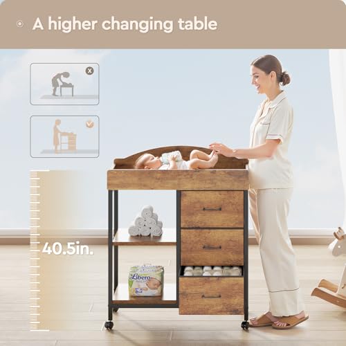 YeTom Changing Table Dresser, Baby Dresser with 3 Fabric Drawers and 2 Shelves, Multi-Functional Baby Changing Table with Pad, Classic Nursery Dresser, Diaper Changing Station, Rustic Brown