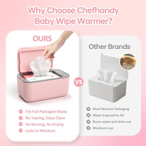 Chefhandy Baby Wipe Warmer, Surround Heating System, 3-Level Temperature Control, Large Capacity Wipes Dispenser, Evenly Warmed Wipes, Diaper Wipe Warmer for Newborns & Adults, Pink