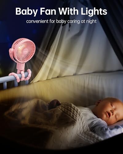Coohea Stroller Fan Rechargeable Battery Powered Portable Fans, Head Detachable 360° Rotatable Clip on Fan, 3 Speed Quiet Small Mini Fans with Light Night for Carseat, Bed, Crib, Bike, Travel, Pink