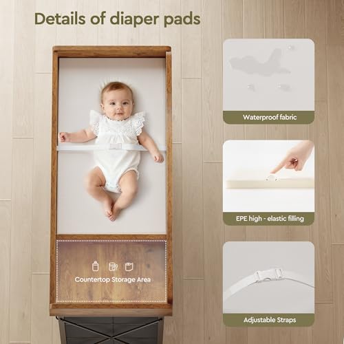 YeTom Baby Changing Table with 9 Fabric Boxes, Waterproof Diaper Changing Station & Pad, Mobile Nursery Diaper Changing Table, Baby Furniture, Rustic Brown