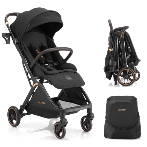 Gromast Gravity Folding Baby Stroller - Portable Travel Toddler Stroller w/Adjustable Backrest, Canopy & Cup Holder, Lightweight and UV Protected, One-Hand Automatic Folding - Black