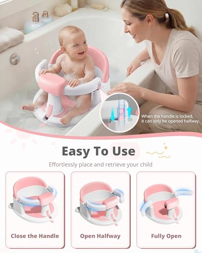 ONTHEWEI Baby Bath Seats for Babies Sitting Up, Non-Slip Baby Bathtub with 3 Suction Cups, Safe & Comfortable Toddler Bath Seat Ideal for Baby Bath/Shower Support, Stable Design, Pink (6-24 Months)