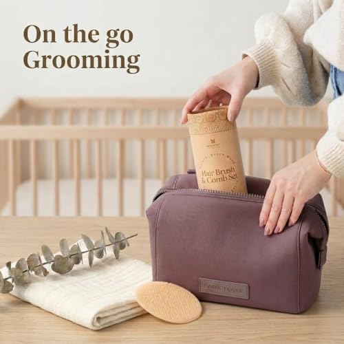 Wooden Baby Hair Brush Grooming Kit with Beech Wood Goat Hair Brush, Cradle Cap Brush, Silicone Scalp Massager, Ultra Soft Bristle Brush | Gender Neutral Newborn Hairbrush Set for Boy or Girl