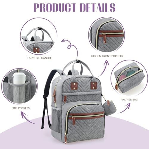 Tuwubi Diaper Bag Backpack, Baby Essentials Travel Tote Bag, Multi function Waterproof Backpacks, Travel Essentials with Stroller Straps & Pacifier Case - Grey