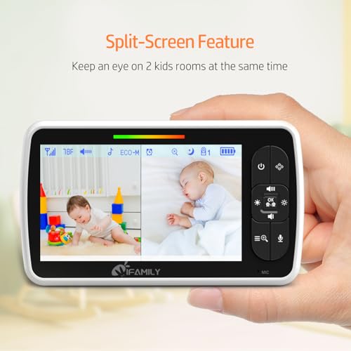 iFamily Split Screen Baby Monitor, Large Display Video Baby Monitor with 2 Cameras and Audio, Long Range, Remote pan tilt, Night Vision, Temperature Sensor, 2 Way Talk, Feeding Clock and lullabies.