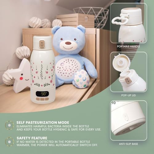 Kasey Mae Portable Bottle Warmer for Travel – Precise Heating for Breastmilk & Formula - Fast 3-Minute Heating, USB Rechargeable, Baby Milk & Formula Warmer On the Go, Long Battery, Floral, 17oz