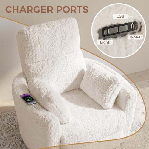 SENYUN Power Swivel Rocker Recliner for Adults, Large Glider Rocking Chair w/ 2 Pillows, USB and Type-C Ports, Night Light, Fluffy Plush Nursery Chair for Living Room, Bedroom,Nursery, Beige