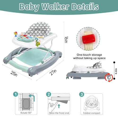 5 in 1 Foldable Baby Walker, Activity Baby Walker-Baby Bouncer, Rocker, Activity Center,Seat and Push Walker,Detachable Trampoline Mat, Adjustable Speed Rear Wheels and Height,Ages 6-18 Months(Mint)