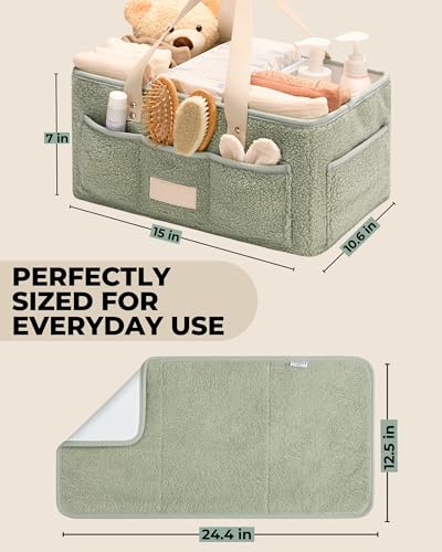 Toodly Baby Diaper Caddy Organizer with Portable Changing Mat - Teddy Fleece Diaper Organizer for Changing Table - Basket for Changing Essentials - Baby Essentials Organizer with Removable Dividers