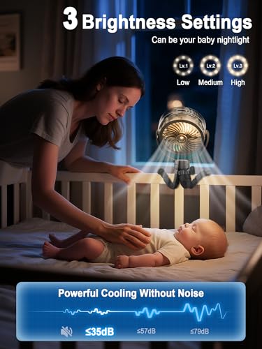 Wavmill Misting Stroller Fan, 6000mAh Battery Operated Portable Fan with Light & 360° Pivoting, Personal Fans with Flexible Tripod for Baby, Office, Travel,Treadmill,Outdoors