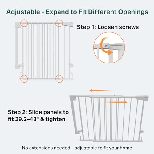 Cumbor 29.2–43" Baby Gate for Stairs, Hardware Mounted (Drill Required), Expandable No Bottom Bar Dog Gate, Auto Close Extra Wide Walk Thru, Pet & Toddler Proof Gate, Top & Bottom of Stairways (White)